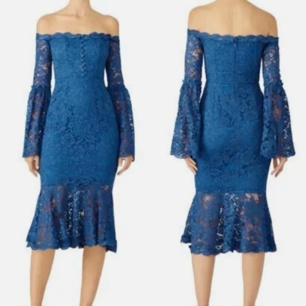NICHOLAS Blue Lace Off-Shoulder Long Sleeve Dress